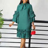 Women Shirt Dress Loose 4 3 Sleeves Pleated Ruffles Bow Collar
