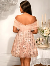Women's Strapless Off-Shoulder Mesh Capelet Sequin Dress A Line Party Mini Dress