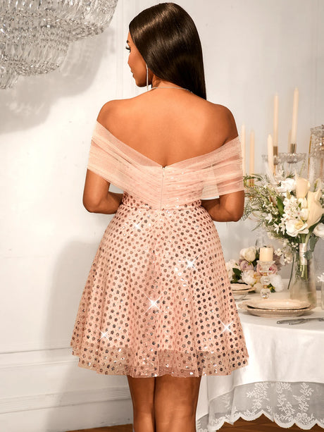 Women's Strapless Off-Shoulder Mesh Capelet Sequin Dress A Line Party Mini Dress