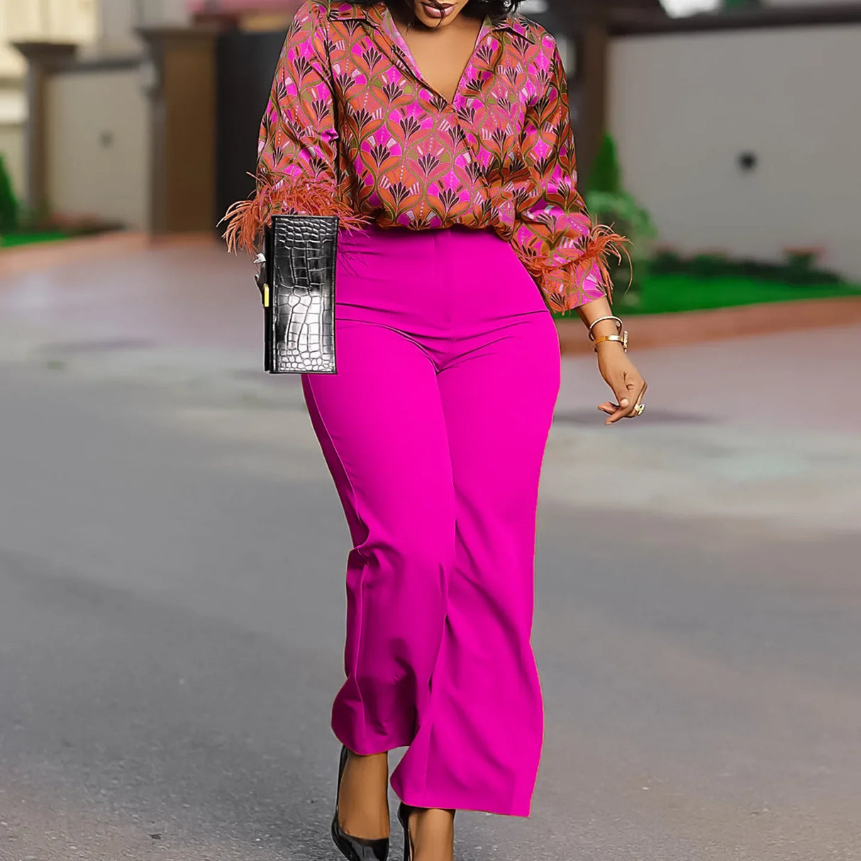 Elegant Two Pieces Set Printed Blouse Tops Long Sleeves with Feather High Waist Pants