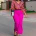 Elegant Two Pieces Set Printed Blouse Tops Long Sleeves with Feather High Waist Pants