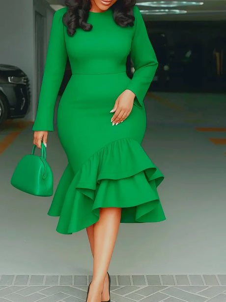 Elegant Church Dresses Long Sleeves Mermaid Ruffles for Women Office Ladies Work Business Party