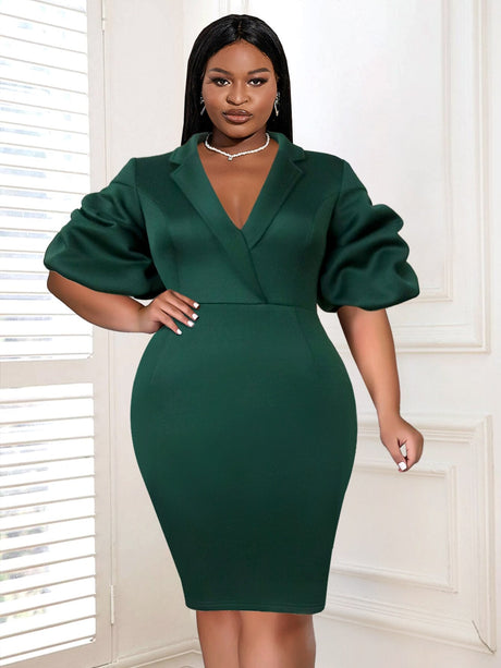 AOMEI 2023 V Neck Short Puff Sleeve Green Dress Green / S