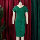 Elegant Church Dresses for Women Bodycon V Neck Ruffles Short Sleeves