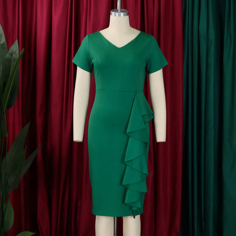 Elegant Church Dresses for Women Bodycon V Neck Ruffles Short Sleeves