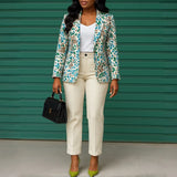 Elegant Two Piece Set Women Print Blazer High Waist Ankle-Length Pants