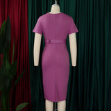Women Elegant Bodycon Dress Short Sleeves Wrap V Neck Modest