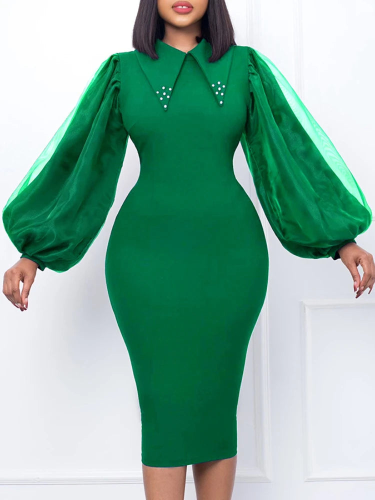 Women Long Lantern Sleeves Dress Turn Down Collar Autumn Fashion