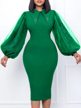 Women Long Lantern Sleeves Dress Turn Down Collar Autumn Fashion