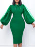 Women Long Lantern Sleeves Dress Turn Down Collar Autumn Fashion