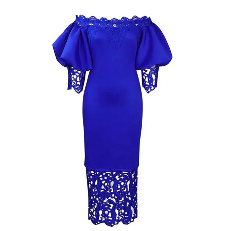 Women Off Shoulder Long Dress Hollow Out Lace High Waisted Bubble Sleeve