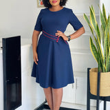 AOMEIDRESS Elegant Pleated A Line Dress O Neck Short Sleeve Buttons