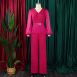 Elegant Two Pieces Set Women V Neck Waist Belt Peplum Belly Cover Full Wide Leg Pants