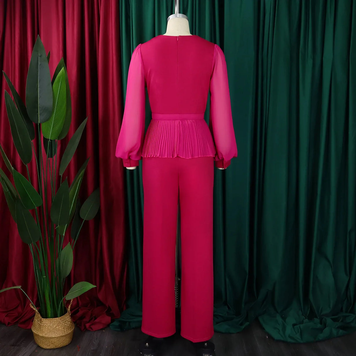 Elegant Two Pieces Set Women V Neck Waist Belt Peplum Belly Cover Full Wide Leg Pants