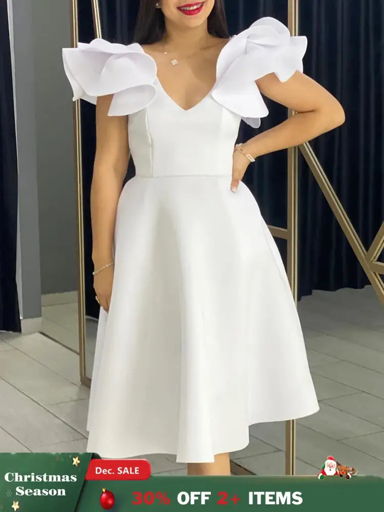 A Line Party Dresses Ruffles Sleeves for Women Church Occasion Event Gowns