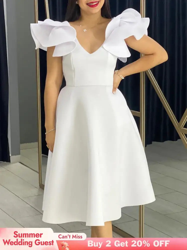 A Line Party Dresses Ruffles Sleeves for Women Church Occasion Event Gowns