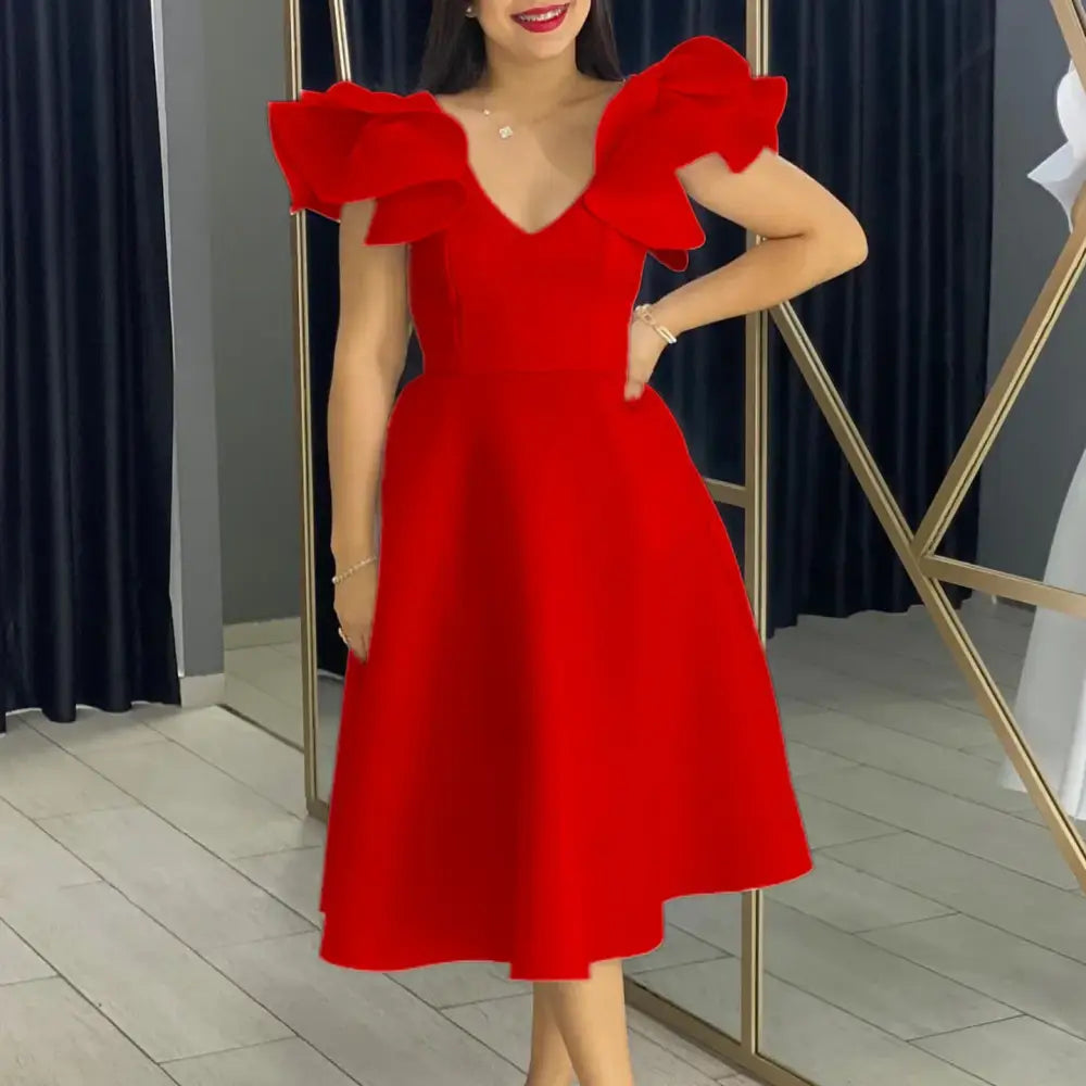 A Line Party Dresses Ruffles Sleeves for Women Church Occasion Event Gowns Red / S