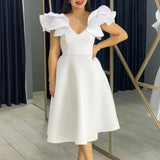 A Line Party Dresses Ruffles Sleeves for Women Church Occasion Event Gowns WHITE / S