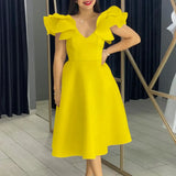 A Line Party Dresses Ruffles Sleeves for Women Church Occasion Event Gowns Yellow / S