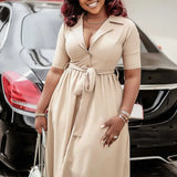 A Line Pleated Dresses for Women Turn Down V Neck Half Sleeves Classy Button Up