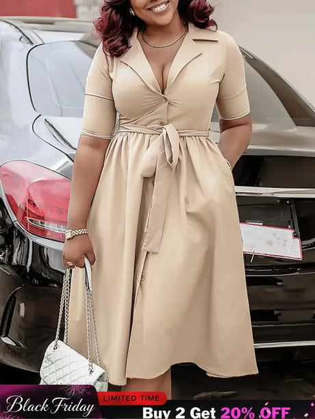 A Line Pleated Dresses for Women Turn Down V Neck Half Sleeves Classy Button Up Apricot / S