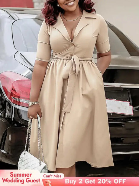 A Line Pleated Dresses for Women Turn Down V Neck Half Sleeves Classy Button Up Apricot / S