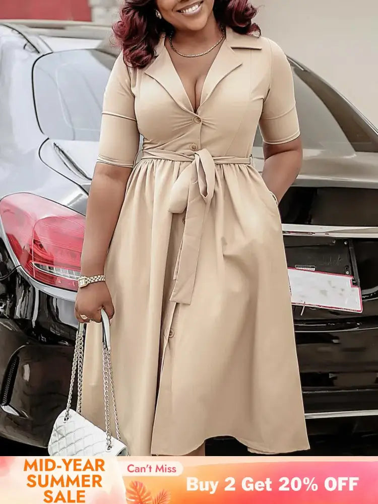 A Line Pleated Dresses for Women Turn Down V Neck Half Sleeves Classy Button Up Apricot / S