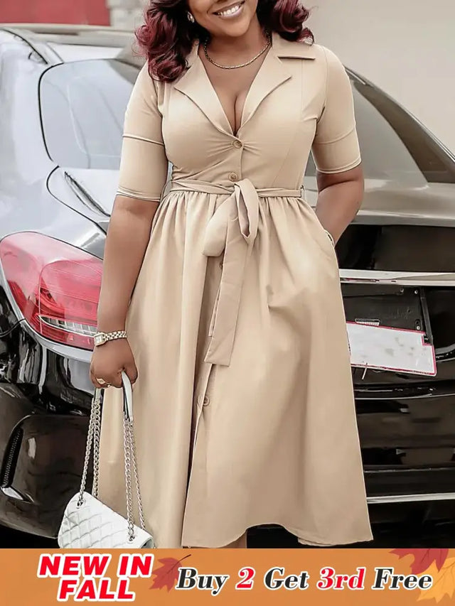 A Line Pleated Dresses for Women Turn Down V Neck Half Sleeves Classy Button Up Apricot / S