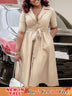A Line Pleated Dresses for Women Turn Down V Neck Half Sleeves Classy Button Up Apricot / S