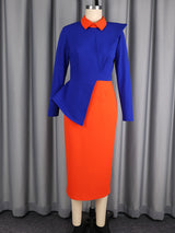 AOMEIDRESS Bodycon Dress Contrast Collar Long Sleeve Peplum Office