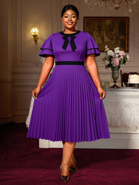 AOMEIDRESS A Line Pleated Dress Bow Neck Colorblock Party Outfit DarkPurple / S
