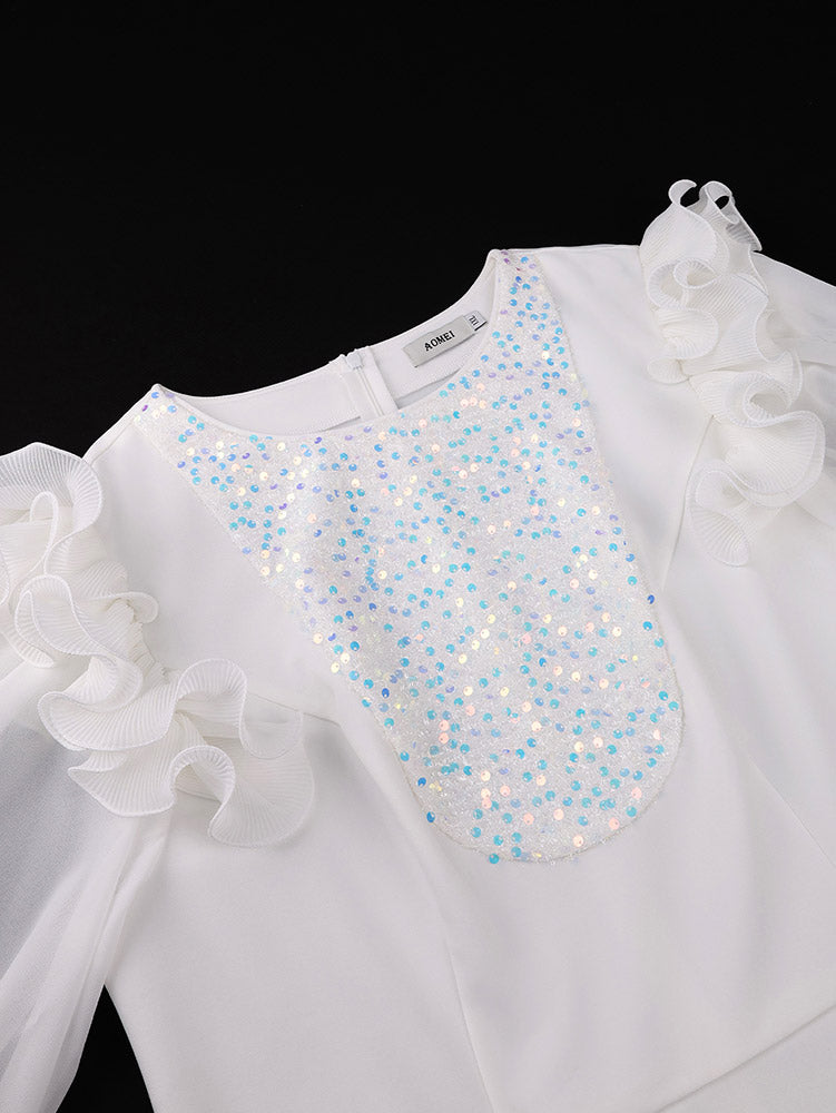 AOMEIDRESS Bodycon Dress O Neck Sheer Lantern Sleeve Sequin Patchwork