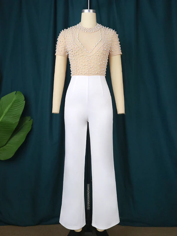 Women See Through Tops Beaded Wide Leg Jumpsuit