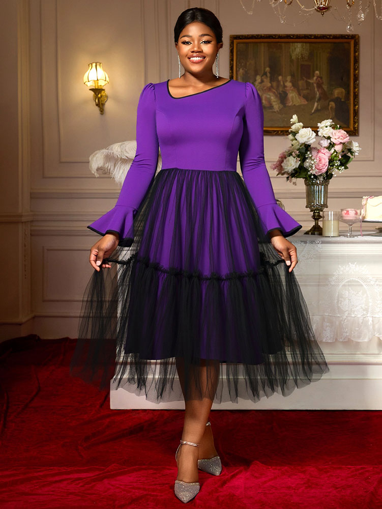 AOMEIDRESS Elegant DarkPurple Mesh Dress Flare Sleeve for Party Church