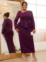 AOMEIDRESS Purple Pencil Dress Asymmetrical Neck Long Sleeves Ruffles