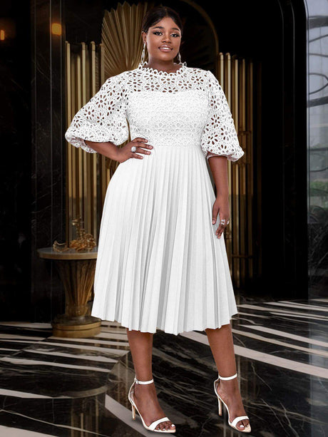 AOMEIDRESS White Lace Patchwork Half Lantern Sleeves Hollow Out Pleated Dress White / 1XL