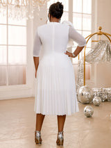 AOMEIDRESS Pleated Dress O Neck Ruffles Flower Tulle Sleeve Patchwork