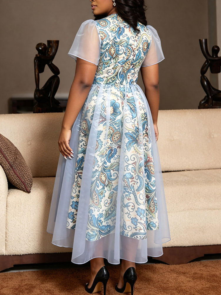 AOMEIDRESS A Line Dress Print Mesh V Neck Butterfly Sleeve 3D Flower