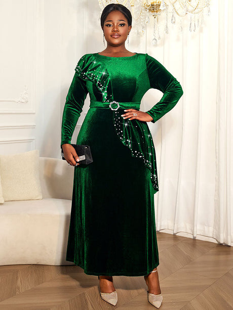 AOMEIDRESS Luxury A Line Velvet Dress Peplum Belt Church Party Gowns DarkGreen / L