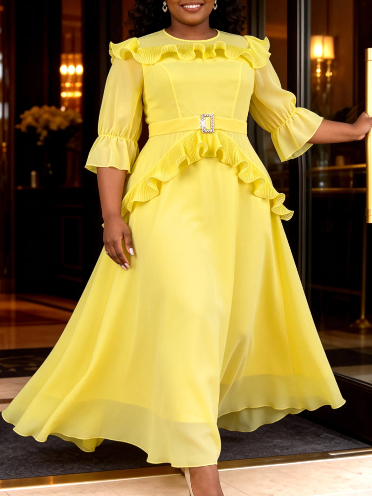 AOMEIDRESS Women Chiffon Dress O Neck 3/4 Puff Sleeve Ruffled Belted