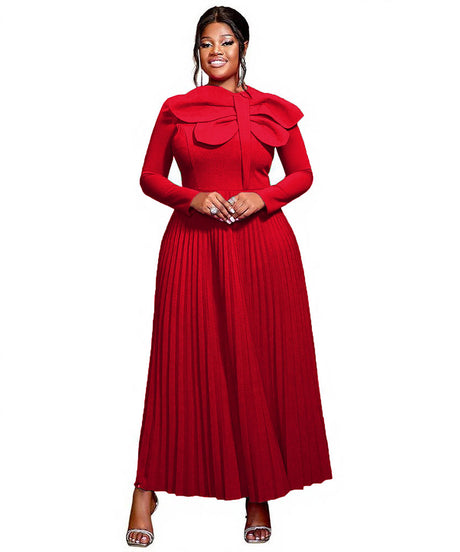 AOMEIDRESS A Line Pleated Dress with Long Sleeves Oversize 3D Flower