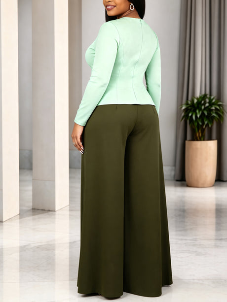 AOMEIDRESS Chic Women Two Piece Set V Neck Long Sleeve Top Pants