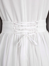 AOMEIDRESS White Chiffon A Line Dresses V Neck Puff Sleeves Waistband
