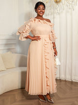 Elegant A Line Off-shoulder Chiffon Pleated Dress Ruffles 3D Flowers