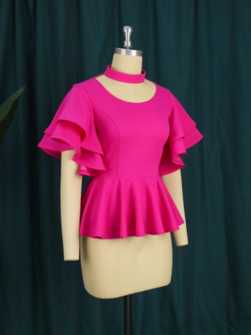 Butterfly Sleeves Stand Neck Peplum Blouses Office Ladies