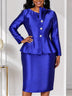 AOMEIDRESS Satin Two Piece Set O Neck Button Peplum Top Pencil Skirt