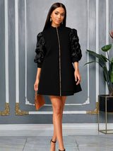 AOMEIDRESS Elegant A Line Mini Dress Folds Puff Sleeves Front Zipper Black / S