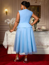 AOMEIDRESS Blue A Line Wedding Party Dress 3D Flower Sleeveless Peplum