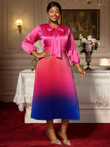 AOMEIDRESS Satin Gradient A Line Dress Bow Collar Lantern Sleeves