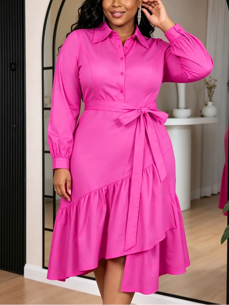 AOMEIDRESS Elegant Shirt Dress Lapel Long Sleeve Tie Waist Ruffle